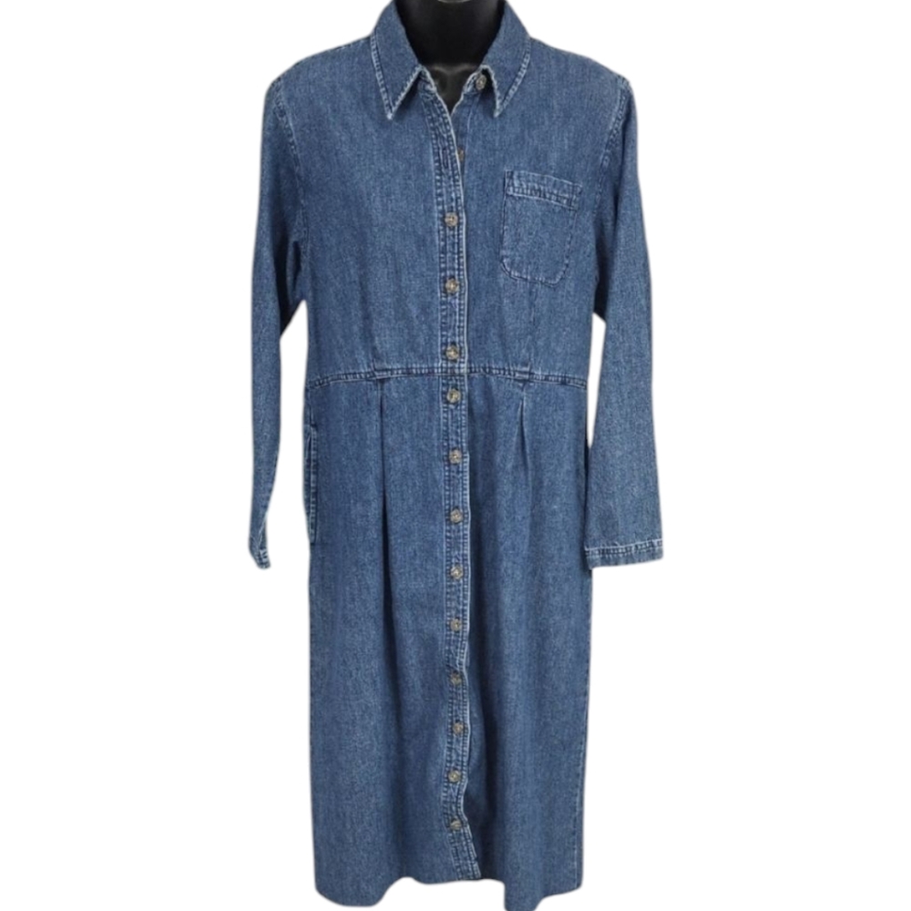 L.L. Bean Vintage Denim Button-Front Midi Dress-8 Petite - Picture 3 of 11